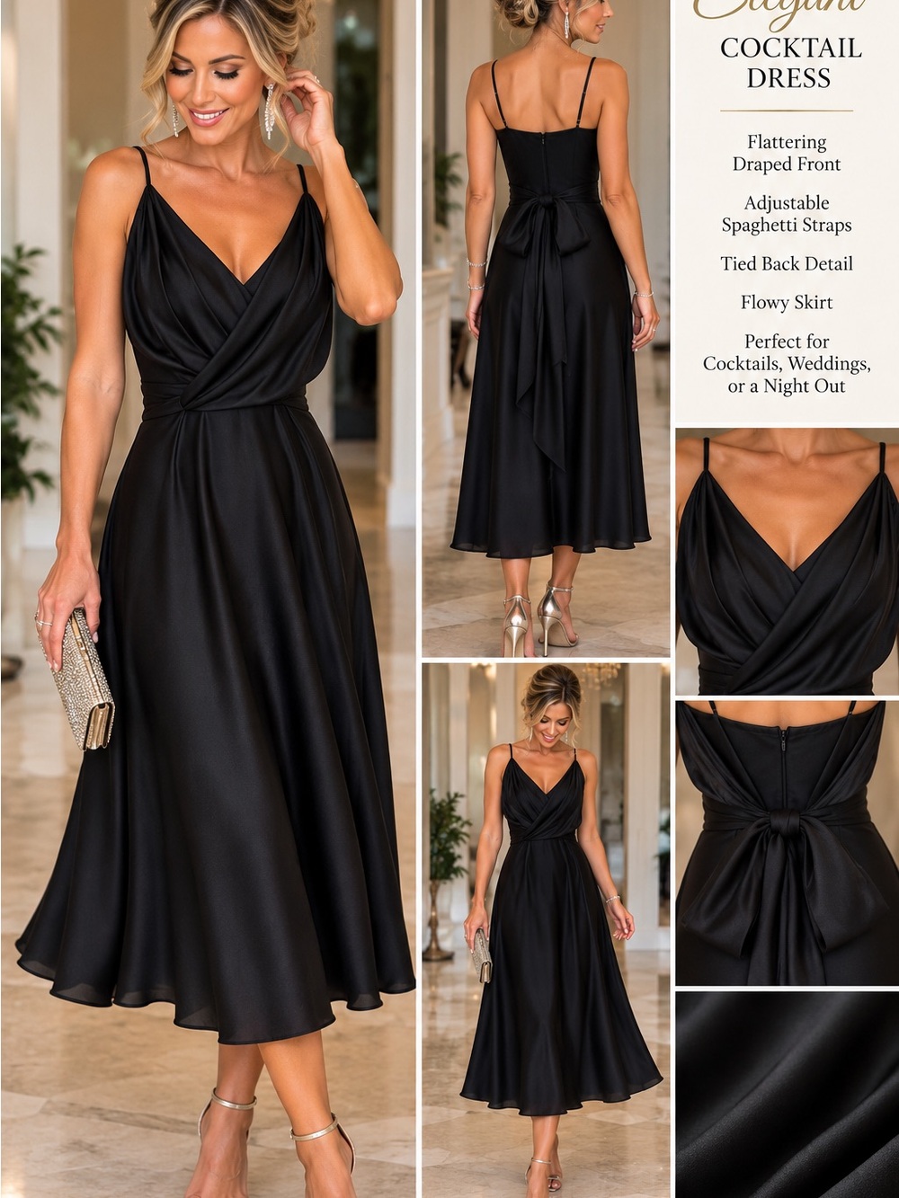 Ursula of Switzerland Black Draped Cocktail Dress Size 7/8